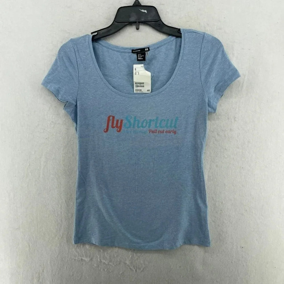 H&M T-Shirt Women's S Blue Fly Shortcut Save Money Pull Out Early Fitted Stretch - Picture 1 of 13